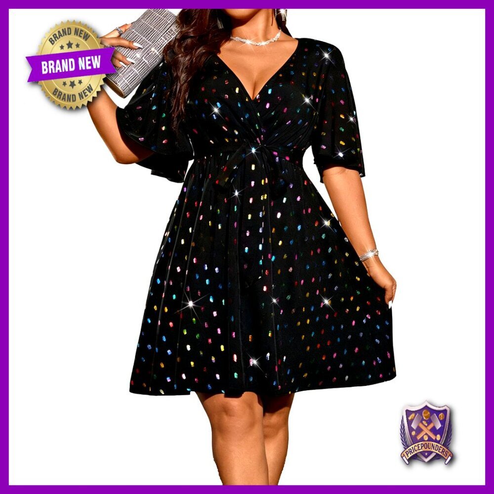 Plus Size Sequin Wrap Dress Short Sleeve Belted Cocktail Party
